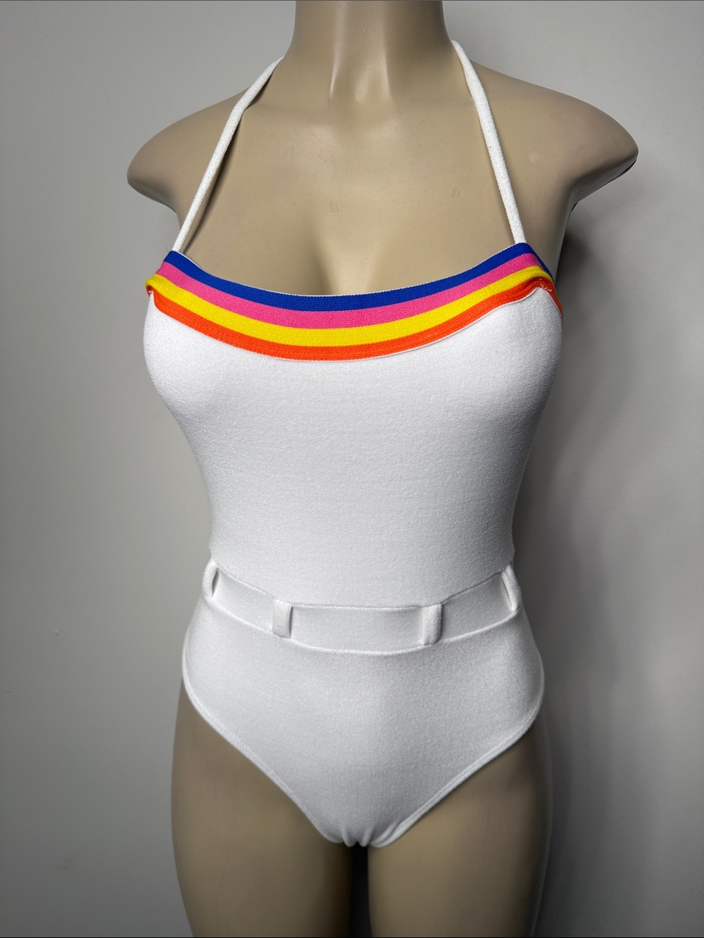 Juicy Couture White Halter One-Piece with Rainbow Stripe Trim